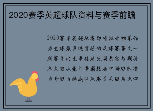 2020赛季英超球队资料与赛季前瞻