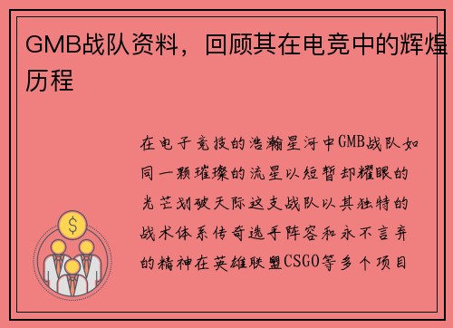 GMB战队资料，回顾其在电竞中的辉煌历程